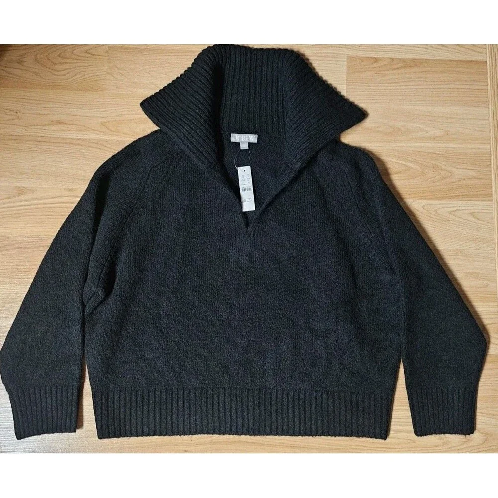 NWT J.CREW Women's LARGE Johnny-collar Sweater Black Merino Wool Alpaca Blend